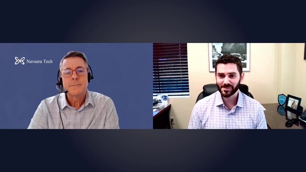 A video call in two panels: Jeff from Naveera, wearing a headset against a blue Naveera Tech background, and Jeremy Scalzi of M7 Ride at his office desk.
