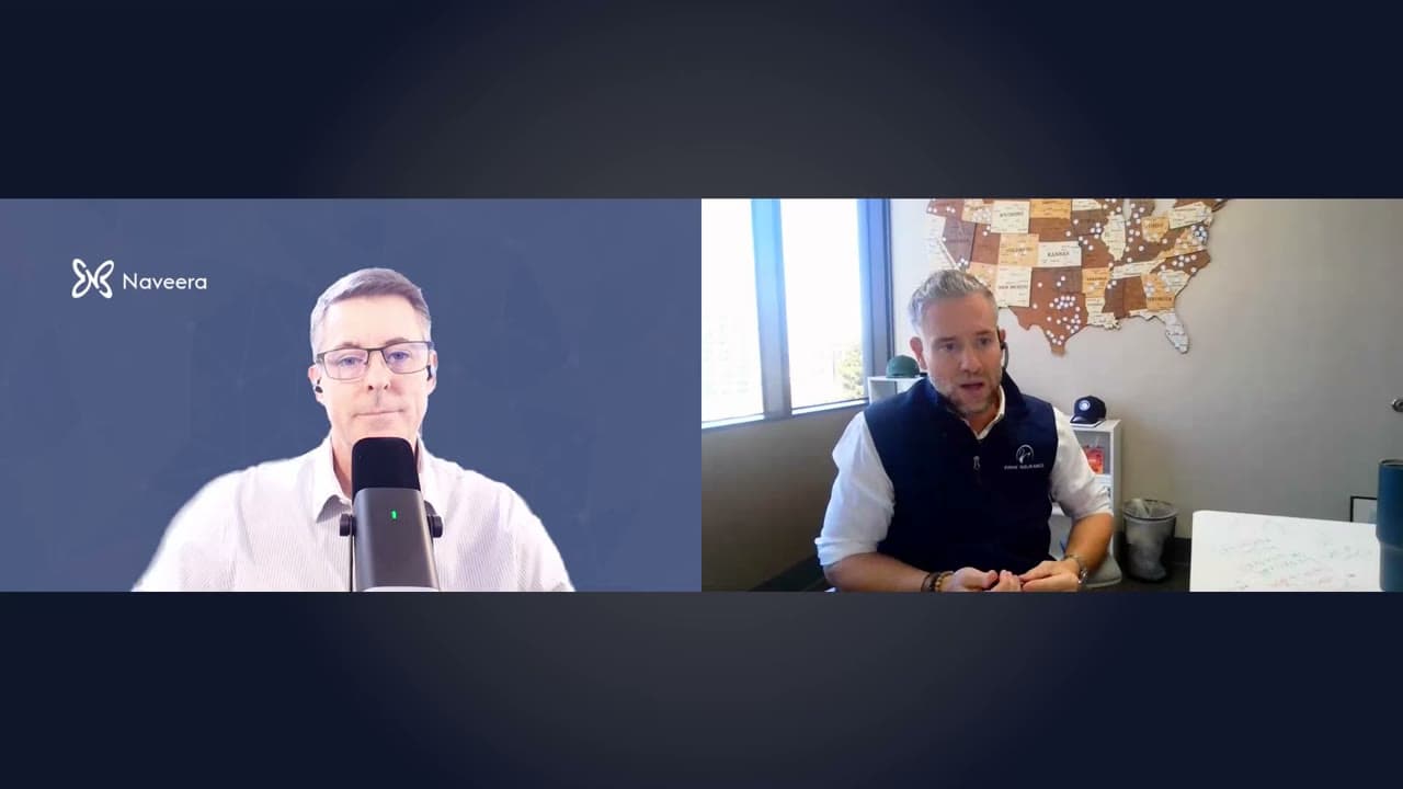 A video call in two panels: Jeff from Naveera at a microphone against a blue Naveera background, and Marc Crawford of Swan Insurance at his desk in front of a map of the United States.